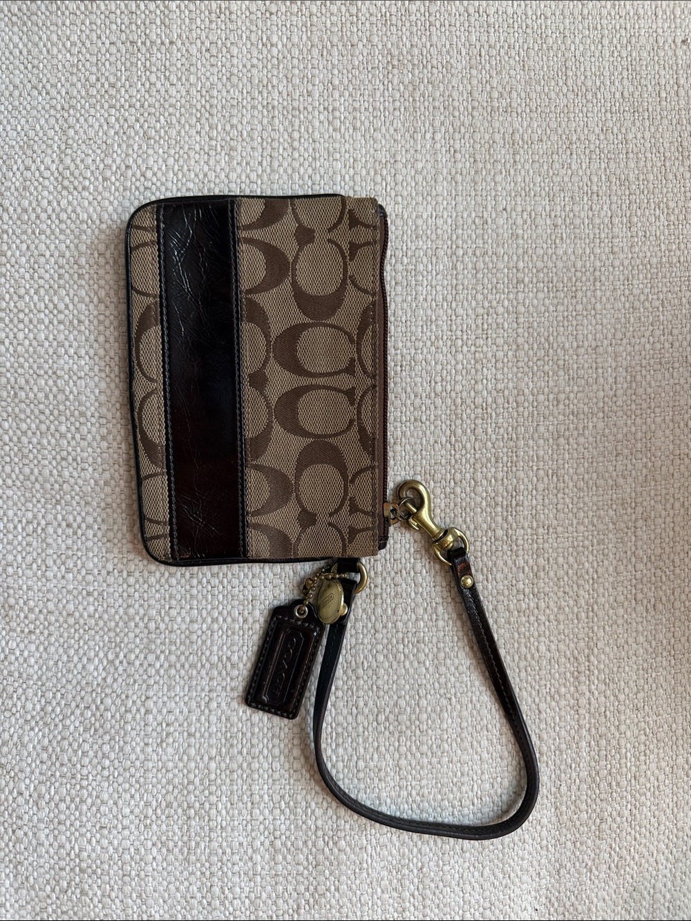 Coach Dark Brown Leather Logo Tag with Gold Medallion